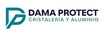 Logotipo de DAMA PROTECT con icono &ldquo;P&rdquo; de color turquesa y texto &ldquo;CRISTALERIA Y ALUMINIO&rdquo; sobre fondo blanco.