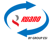Logotipo de la empresa Ruano, dentro de una flecha circular azul. "POR GRUPO ESI" debajo.
