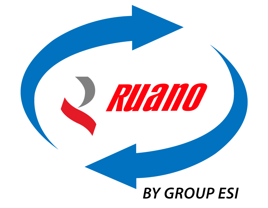 Logotipo de la empresa Ruano, dentro de una flecha circular azul. "POR GRUPO ESI" debajo.