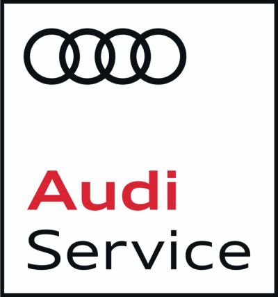 Das Audi-Logo mit vier Ringen über rotem Audi-Schriftzug und Service-Schriftzug