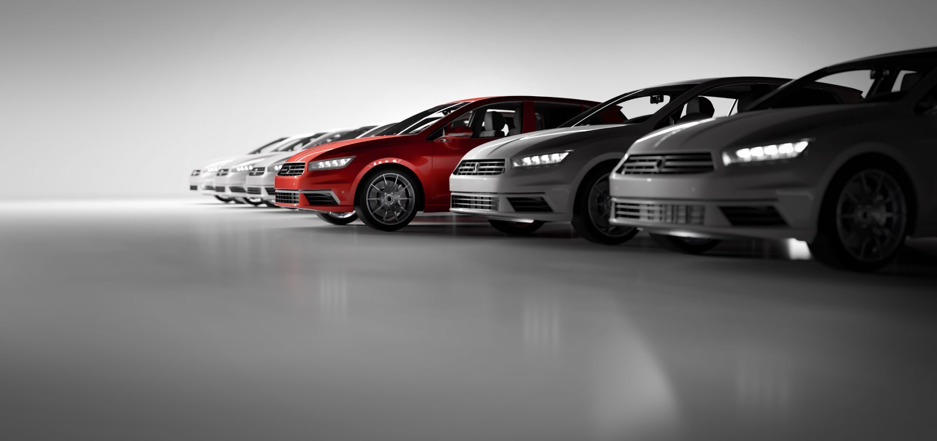 Moderne Limousinen in Rot, Silber, Weiß parken im Studio Hintergrund