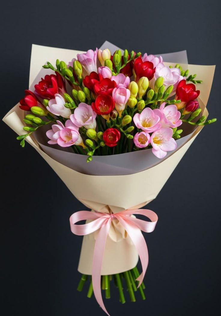 Bouquet de fleurs roses, rouges et blanches, emballé dans du papier crème et orné d'un ruban rose.