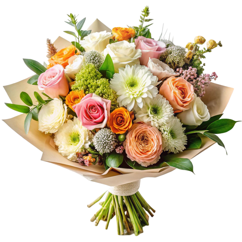 Bouquet de roses, de marguerites et de verdure mélangées dans des tons rose tendre, blanc et pêche, emballé dans du papier.