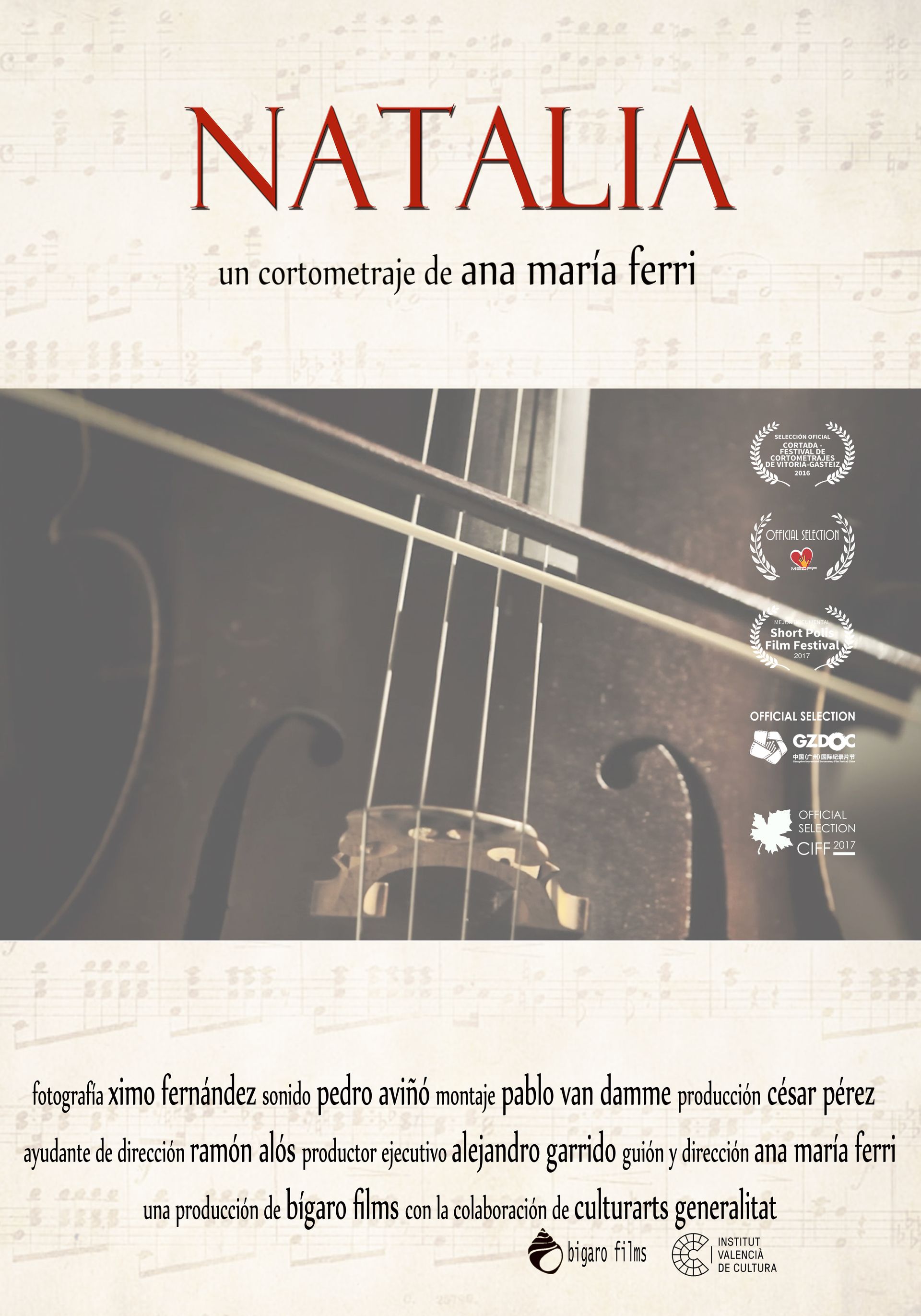 Un cartel de Natalia con un violín.