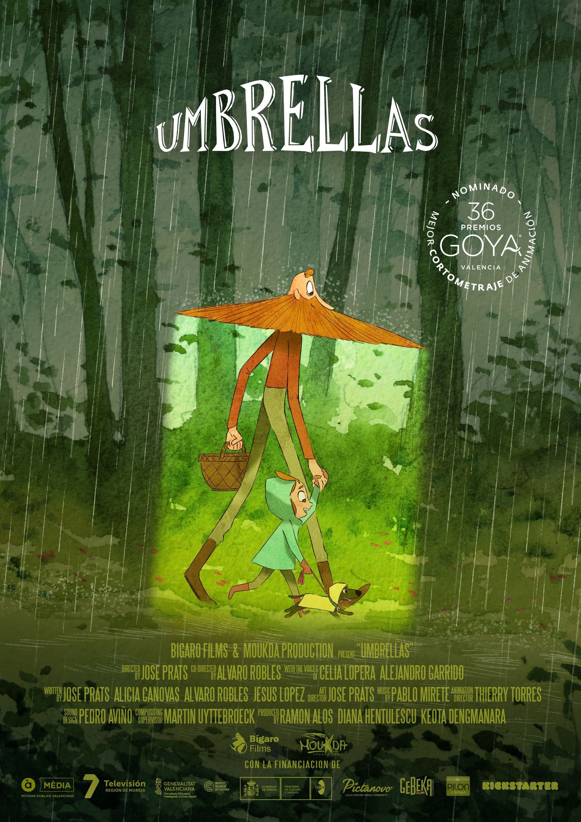 Un cartel de película de paraguas muestra a un hombre caminando bajo la lluvia con un paraguas.