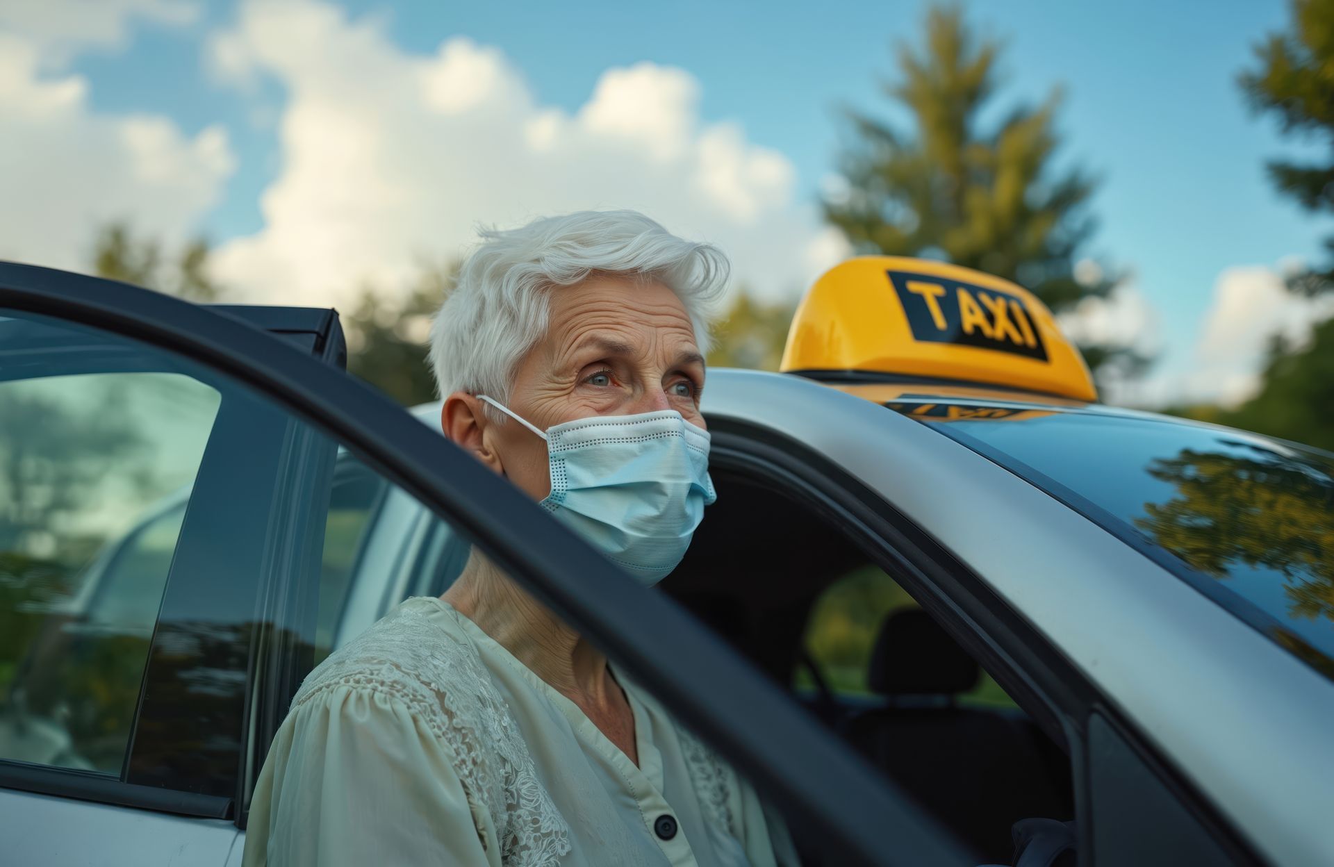 Un passager masqué monte dans un taxi garé à côté d'une voiture stationnée, avec un panneau jaune de taxi visible.