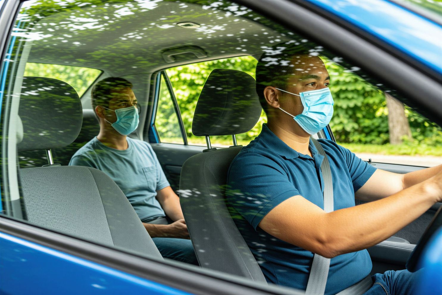 Deux personnes masquées à bord d'une voiture bleue, le conducteur concentré sur la route et le passager assis à l'arrière.