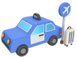 Taxi bleu stationné près du panneau de l'aéroport avec des bagages.