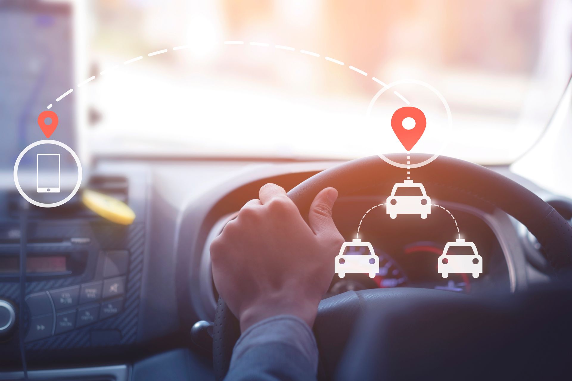 Les mains du conducteur sur le volant, avec des icônes de navigation GPS et des indicateurs d'itinéraire sur fond d'intérieur de voiture flou.