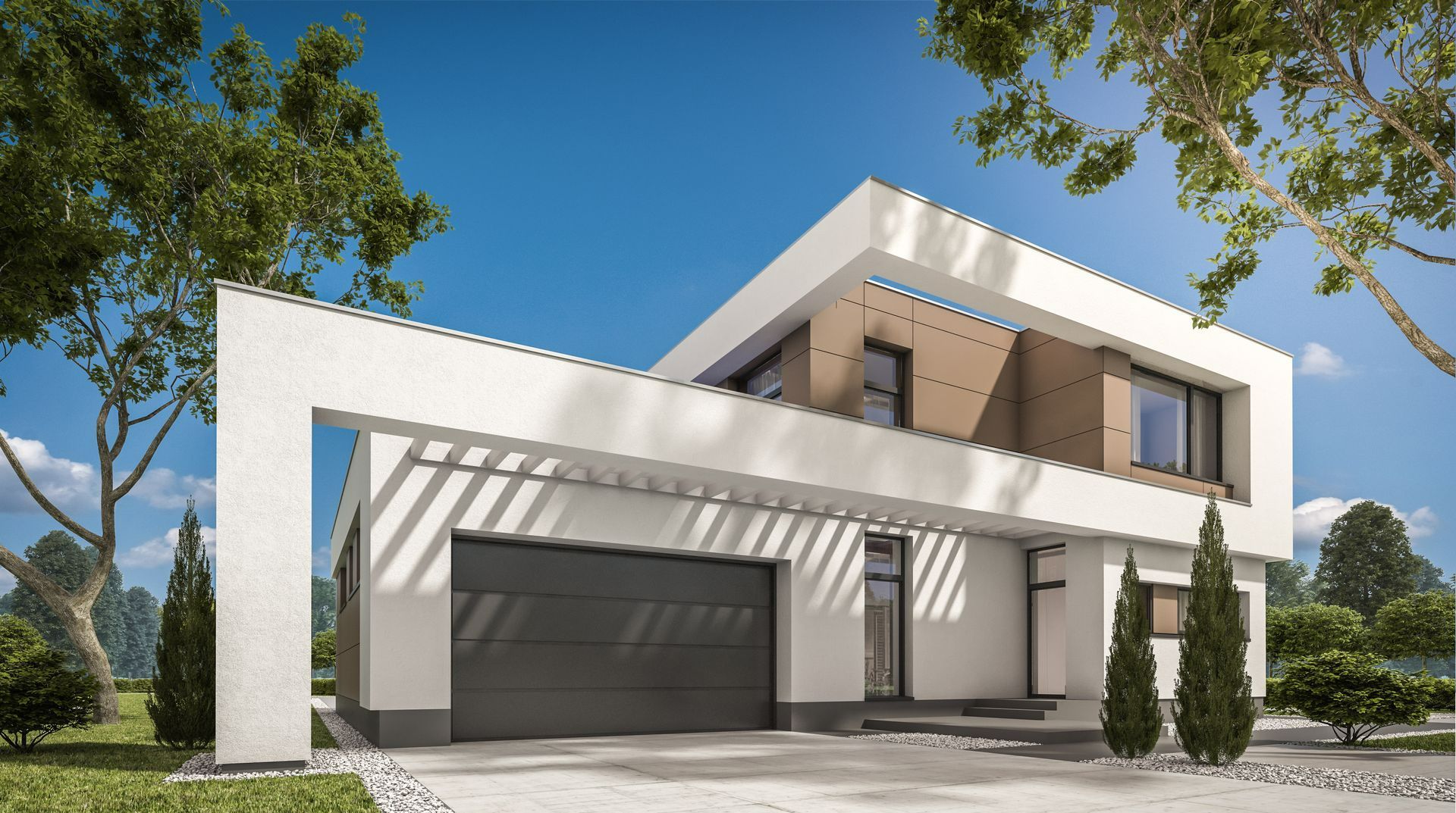 Une maison avec un garage avec une porte enroulable