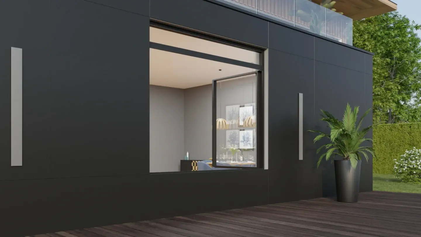 Façade grise avec une grande fenêtre ouverte