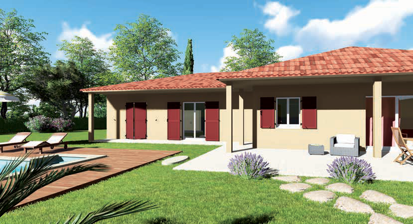 Une maison plein pied avec volets rouges