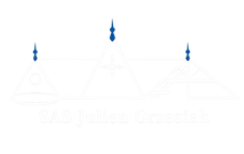 Pyramides abstraites blanches avec des accents bleus et le texte « MS Julio Gracia ».