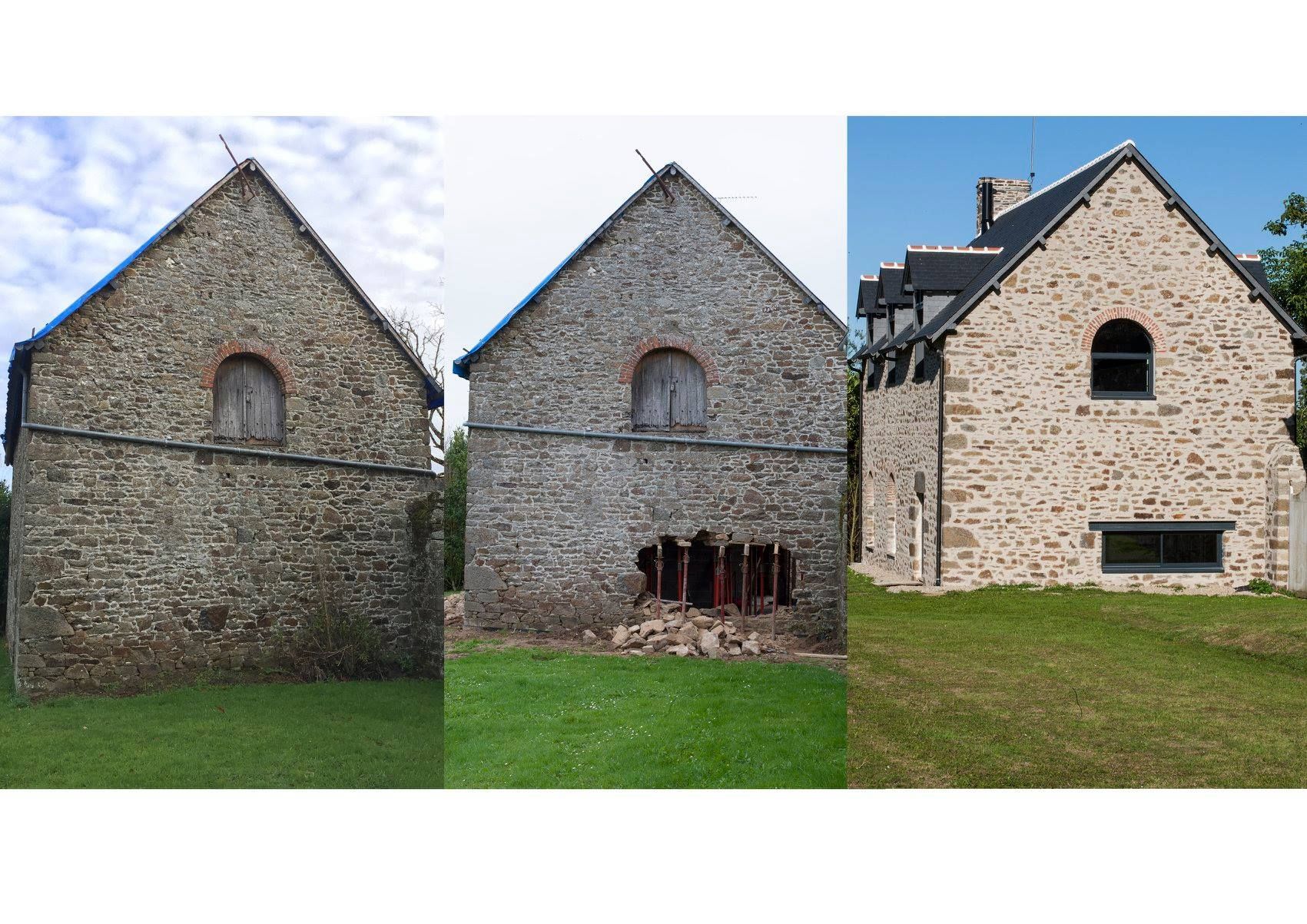 Évolution en trois parties d'une maison en pierre : état d'origine, effondrement d'un mur, et restauration complète.