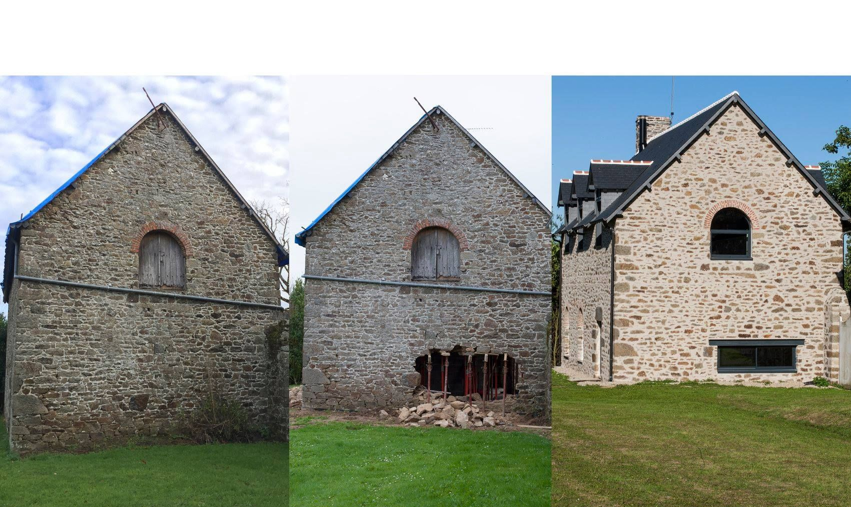 Évolution en trois parties d'une maison en pierre : état d'origine, effondrement d'un mur, et restauration complète.