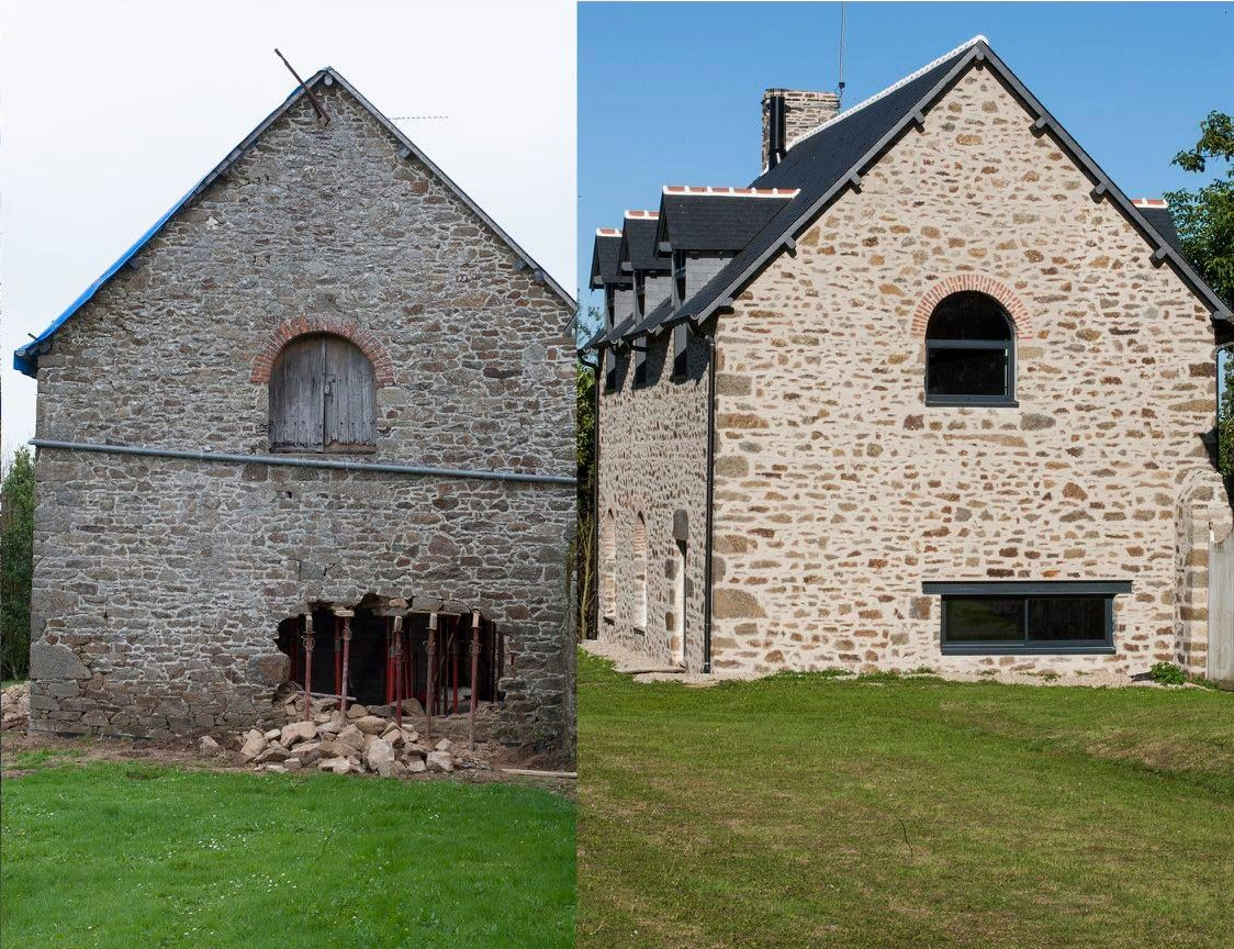 Photos avant et après la rénovation d'une grange en pierre, montrant un mur remplacé par de nouvelles fenêtres.