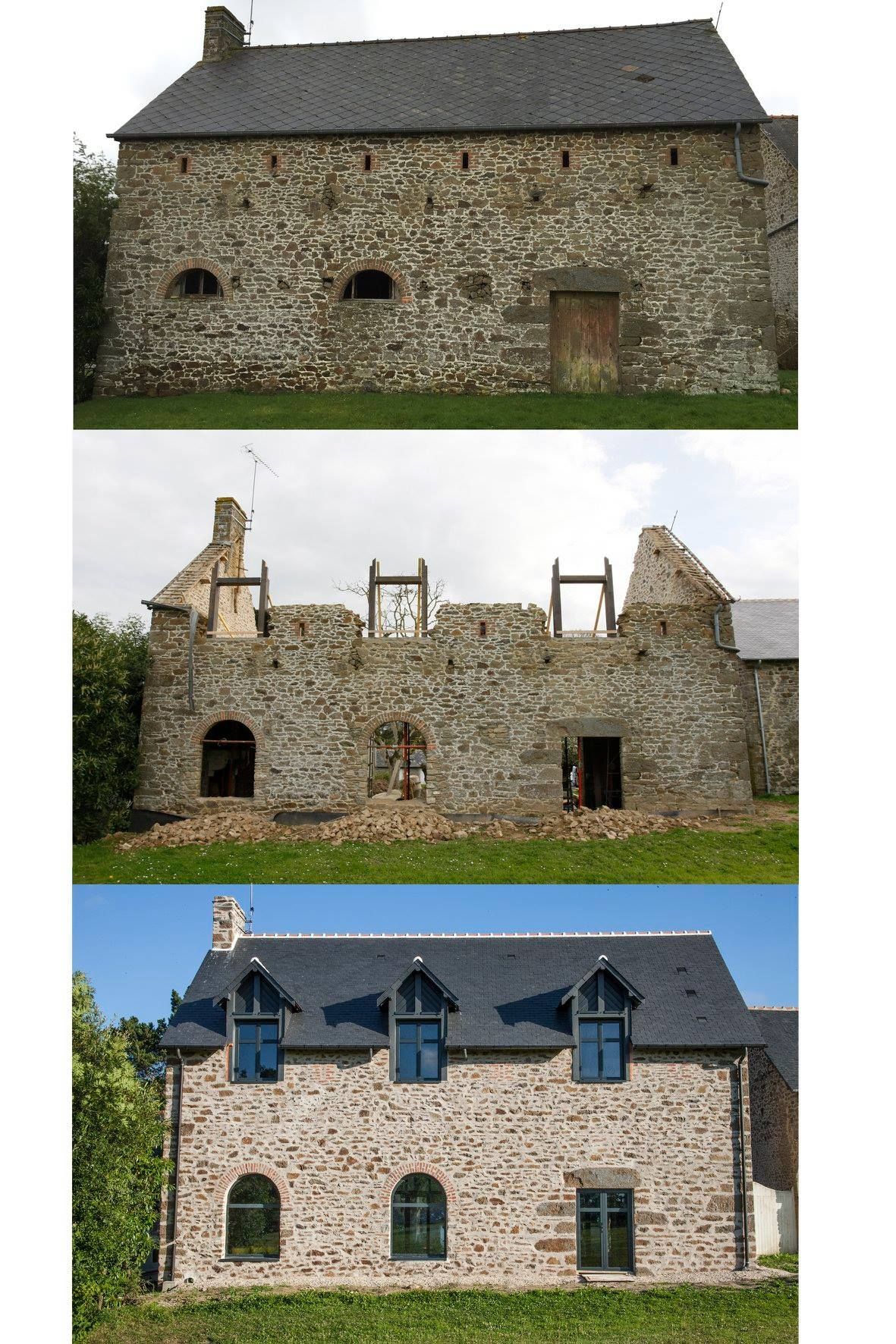 Trois photos montrent la restauration d'un bâtiment en pierre.