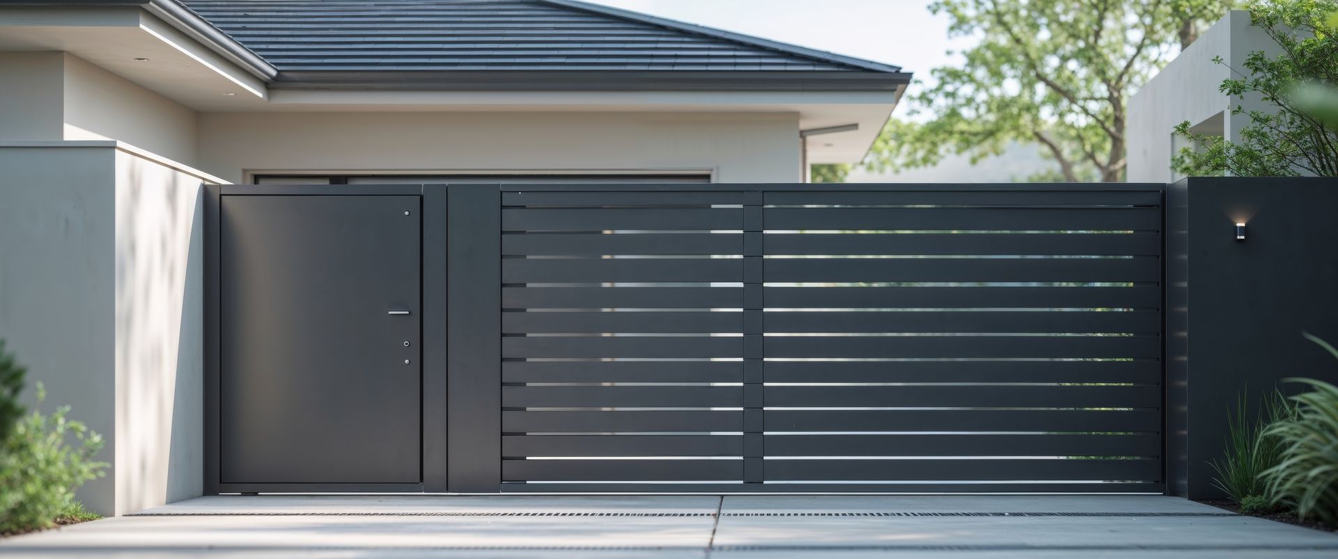 Un portail coulissant à lames horizontales gris foncé devant une maison.