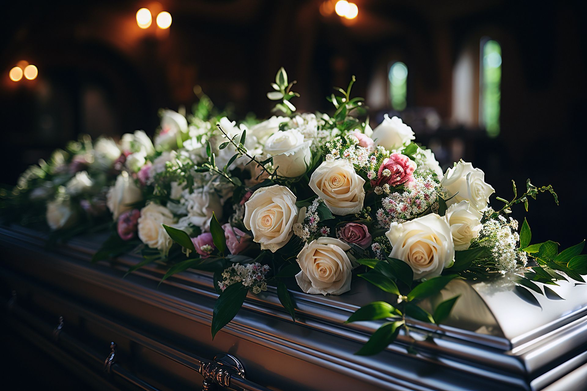 Un cercueil avec un bouquet de fleurs posé dessus