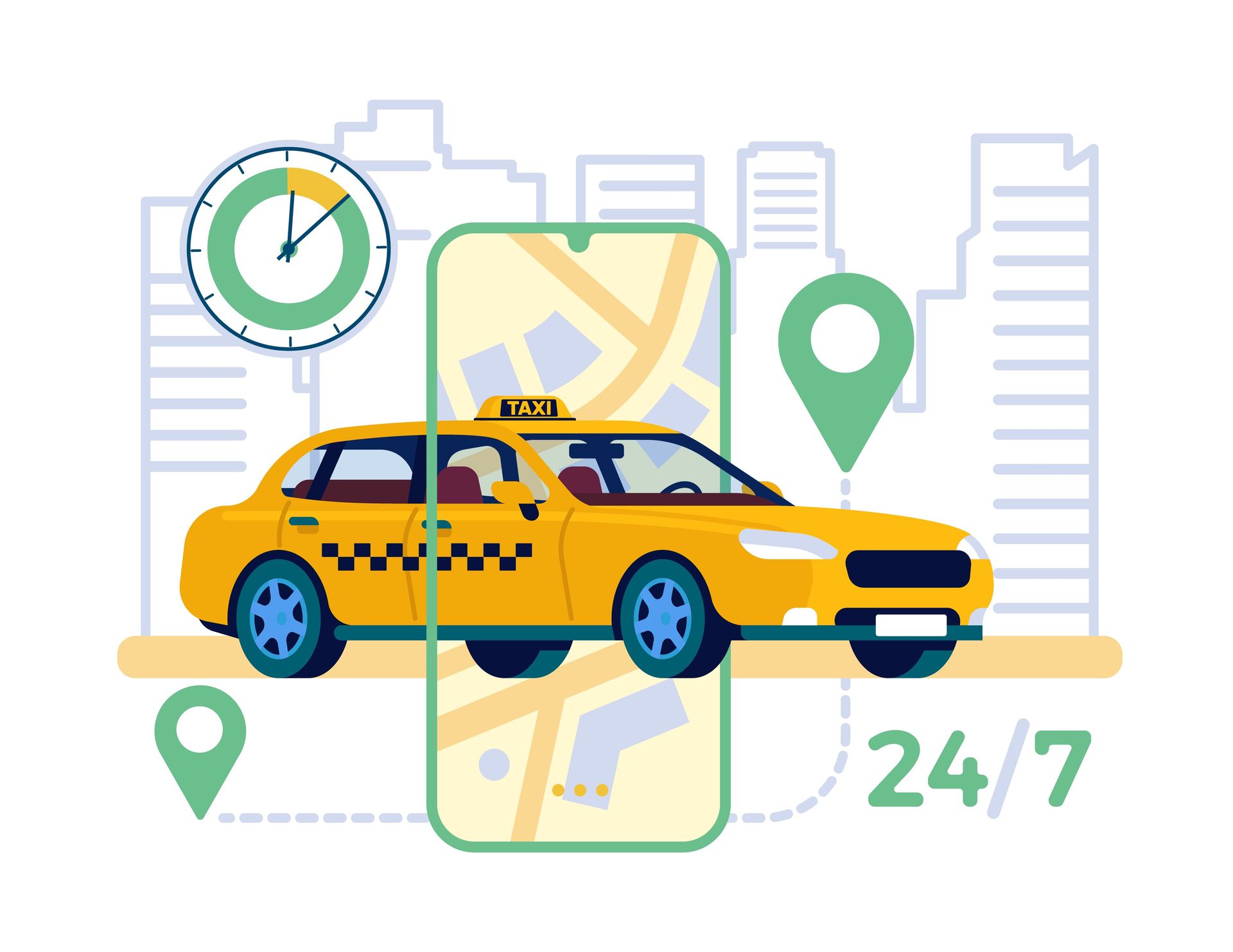 Taxi amarillo con una aplicación de teléfono que indica servicio 24 horas al día, 7 días a la semana.