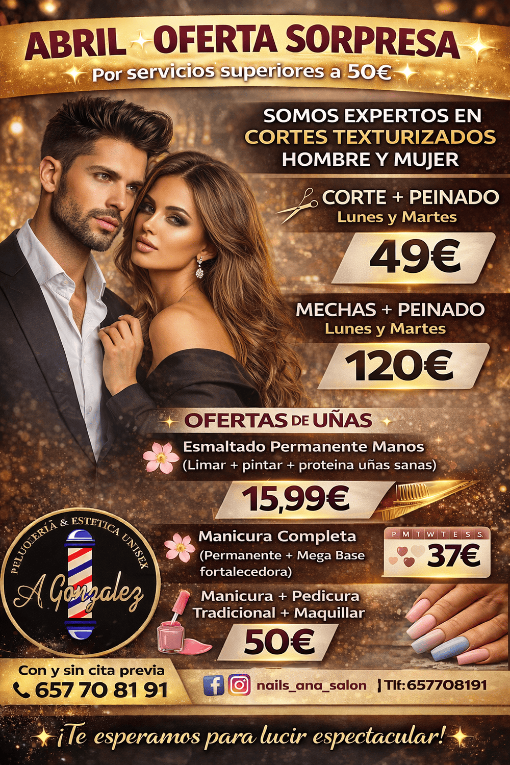 Imagen promocional de extensiones de pestañas. Antes: 65 €, ahora 50 €. Ubicado en Madrid. Teléfono de contacto.