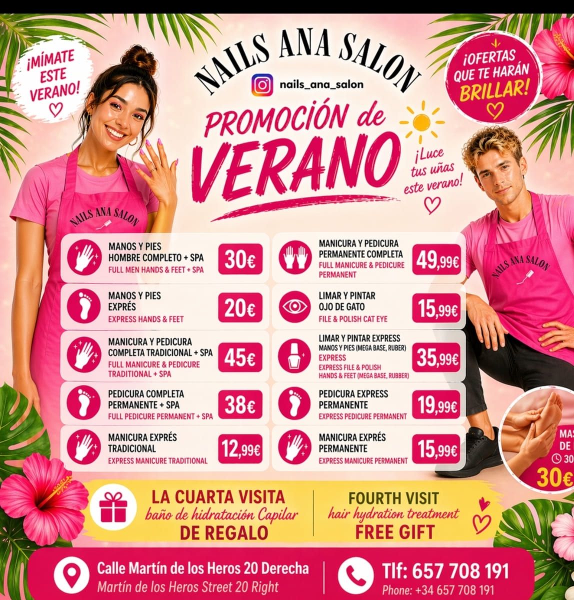 Cartel promocional de verano para Nails Ana Salon con diseño rosa, precios de los servicios y dos modelos sonrientes.