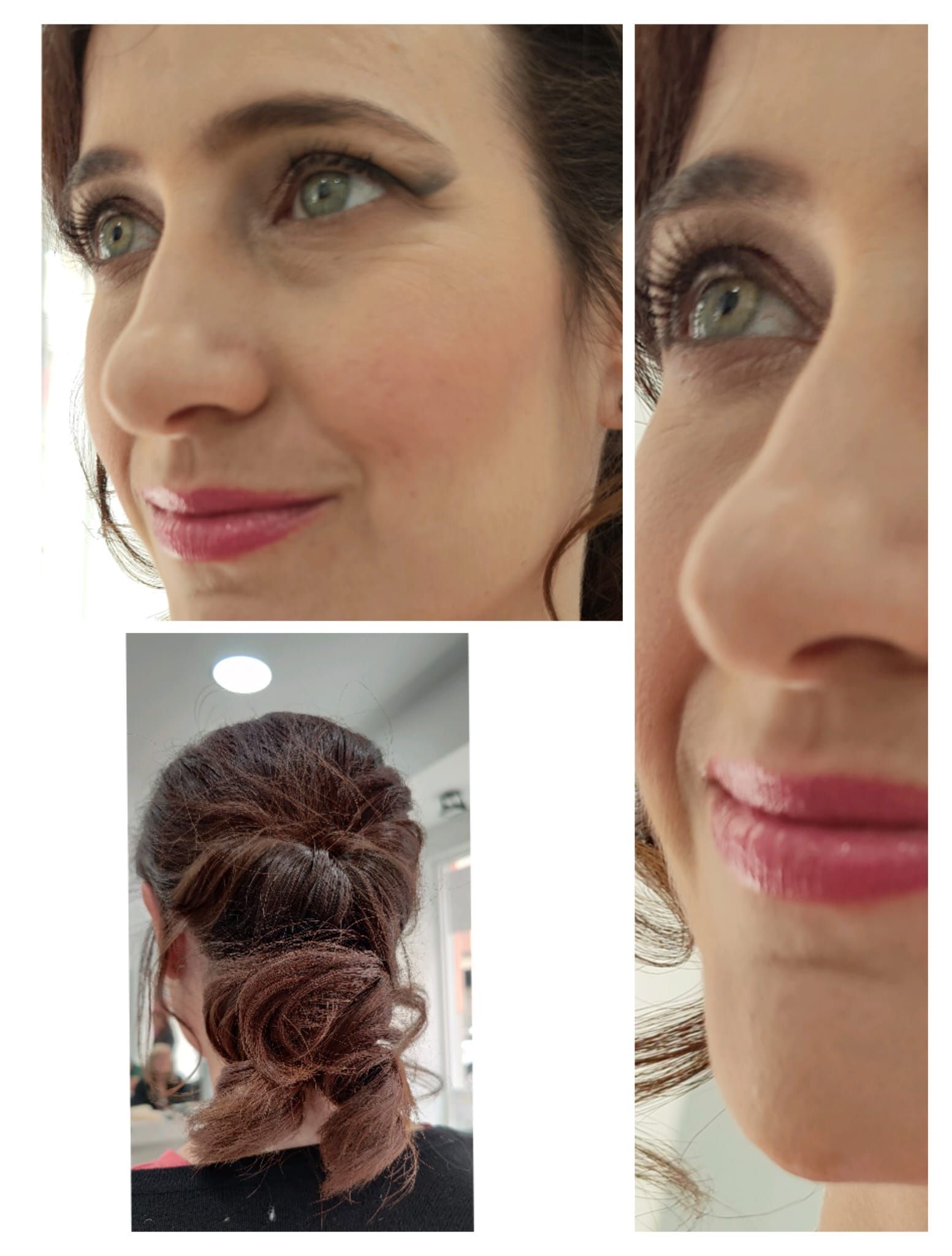 Un primer plano del rostro de una mujer con ojos verdes y labios rosados.