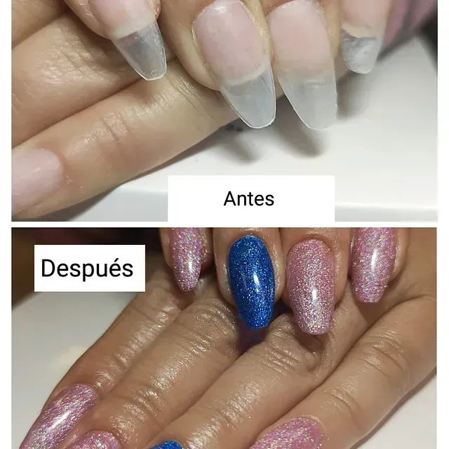 Una foto de antes y después de las uñas de una mujer.