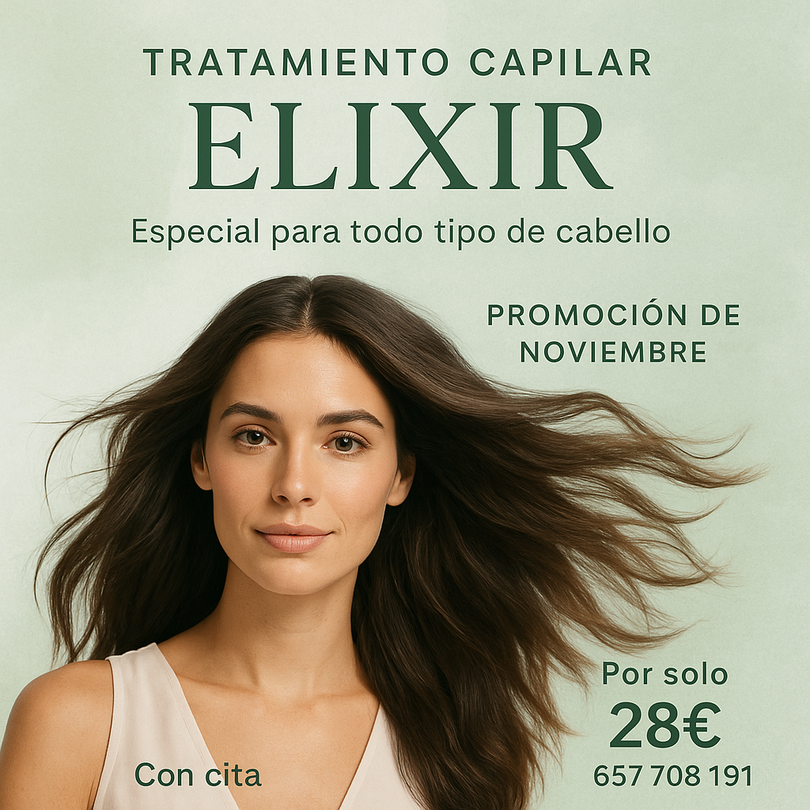 Mujer con melena suelta, anuncio del tratamiento capilar Elixir. Promoción en noviembre, 28€, con cita previa.