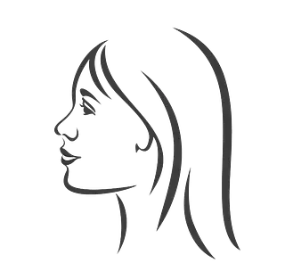 Rostro de mujer de perfil, delineado en negro, con cabello largo.