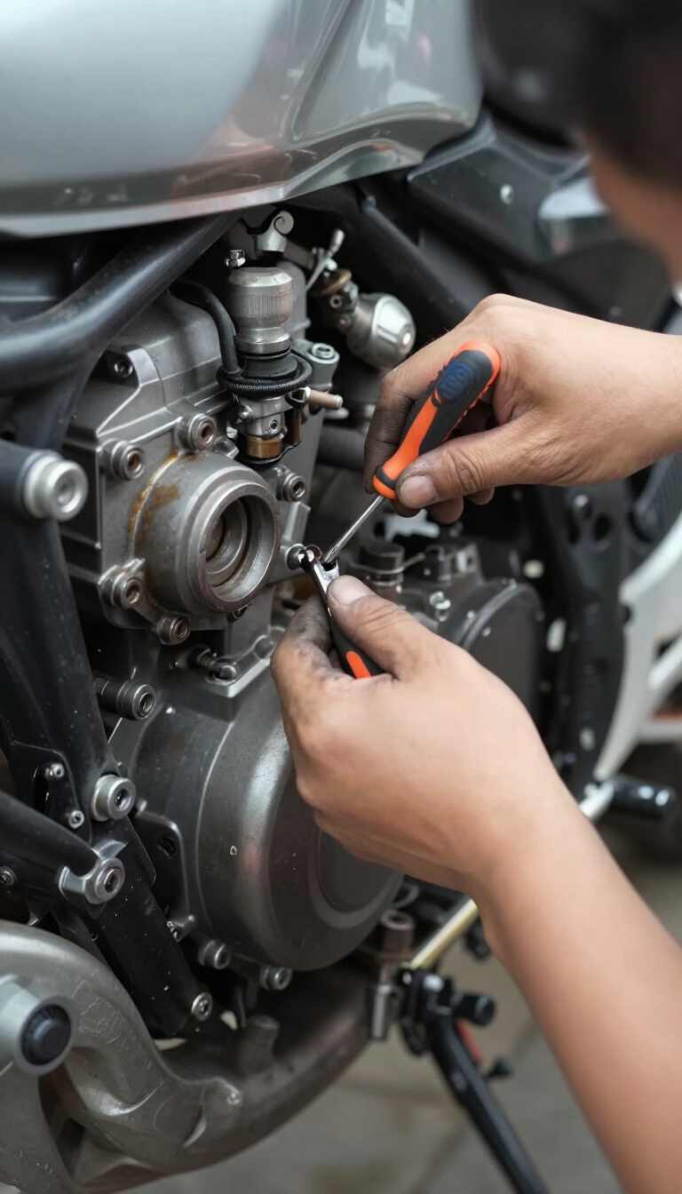 Manos ajustando componentes del motor de una motocicleta con un destornillador en una escena de reparación en primer plano.