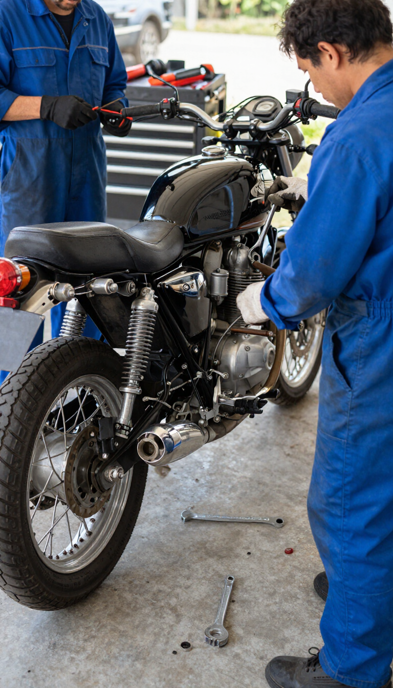 Dos mecánicos con monos azules reparando una motocicleta negra en un taller.