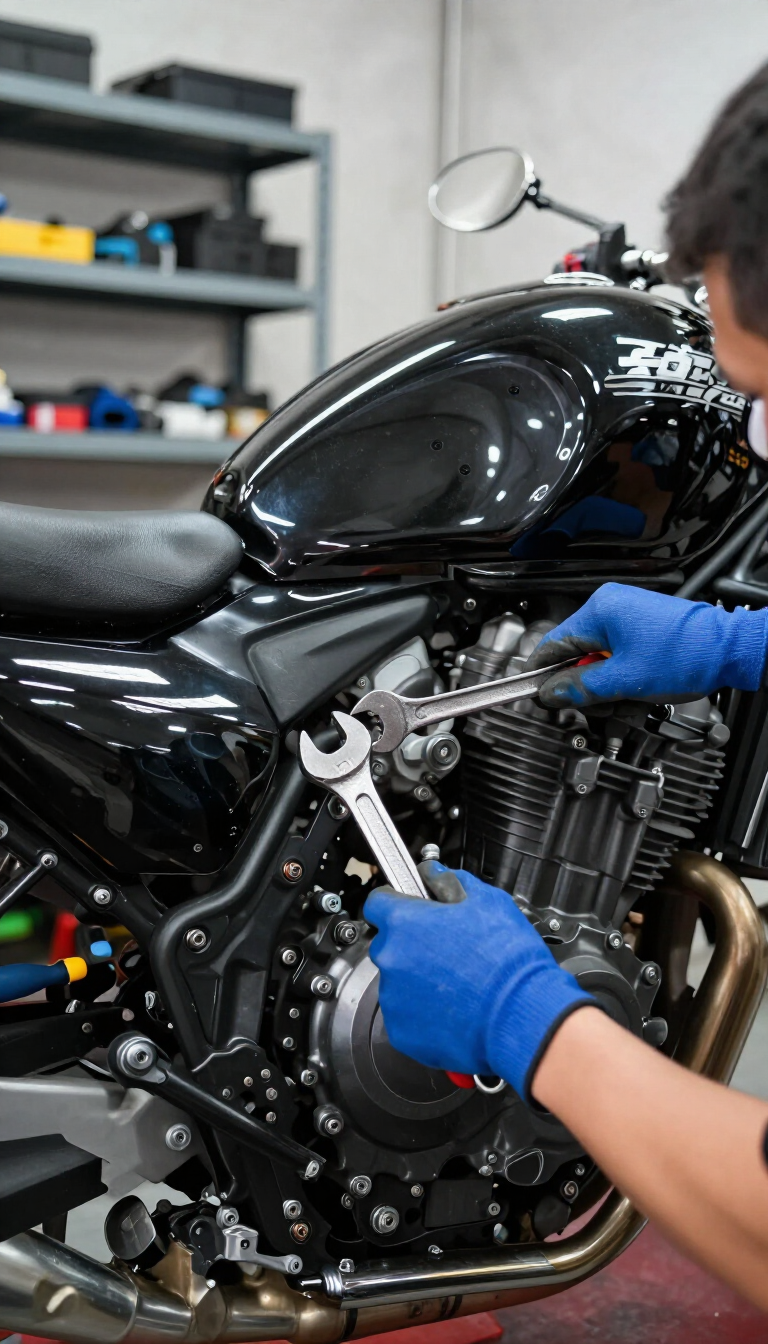 Mecánico con guantes azules reparando una motocicleta negra en un taller.