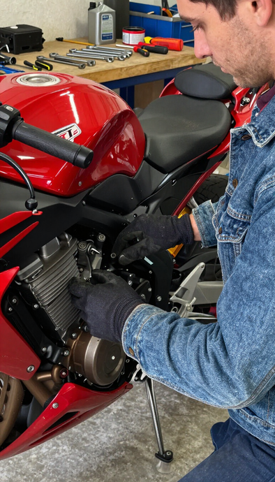 Una persona trabaja en una motocicleta roja en un taller, apretando piezas cerca del motor.