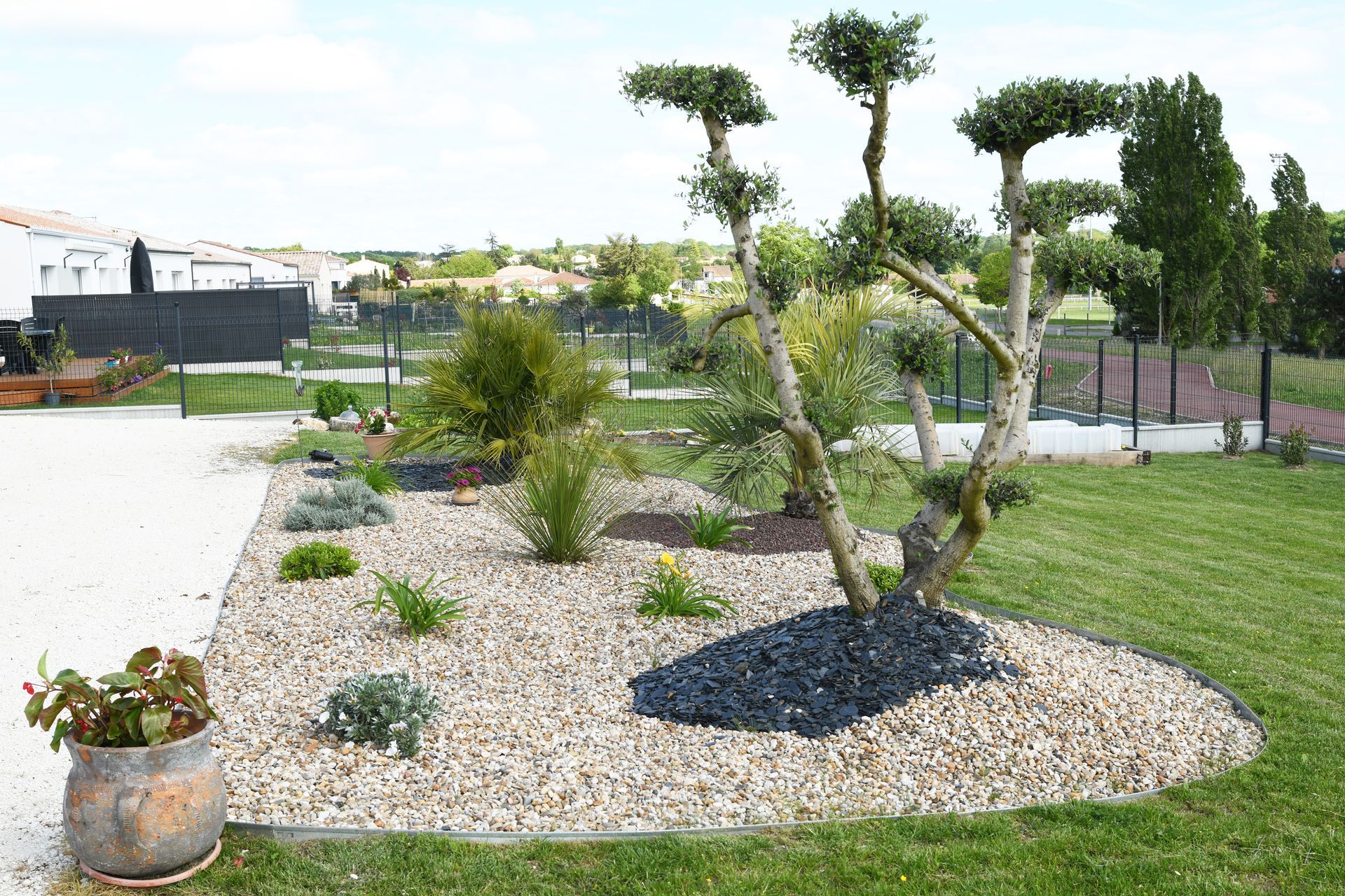 Coin aménagé avec arbres et graviers