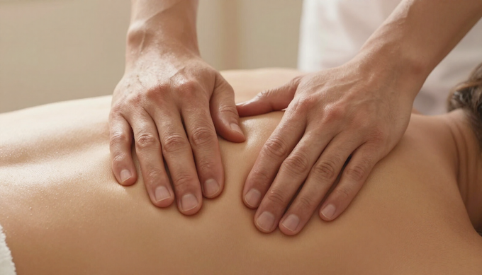 Manos masajeando la espalda desnuda de una persona durante un tratamiento de spa.
