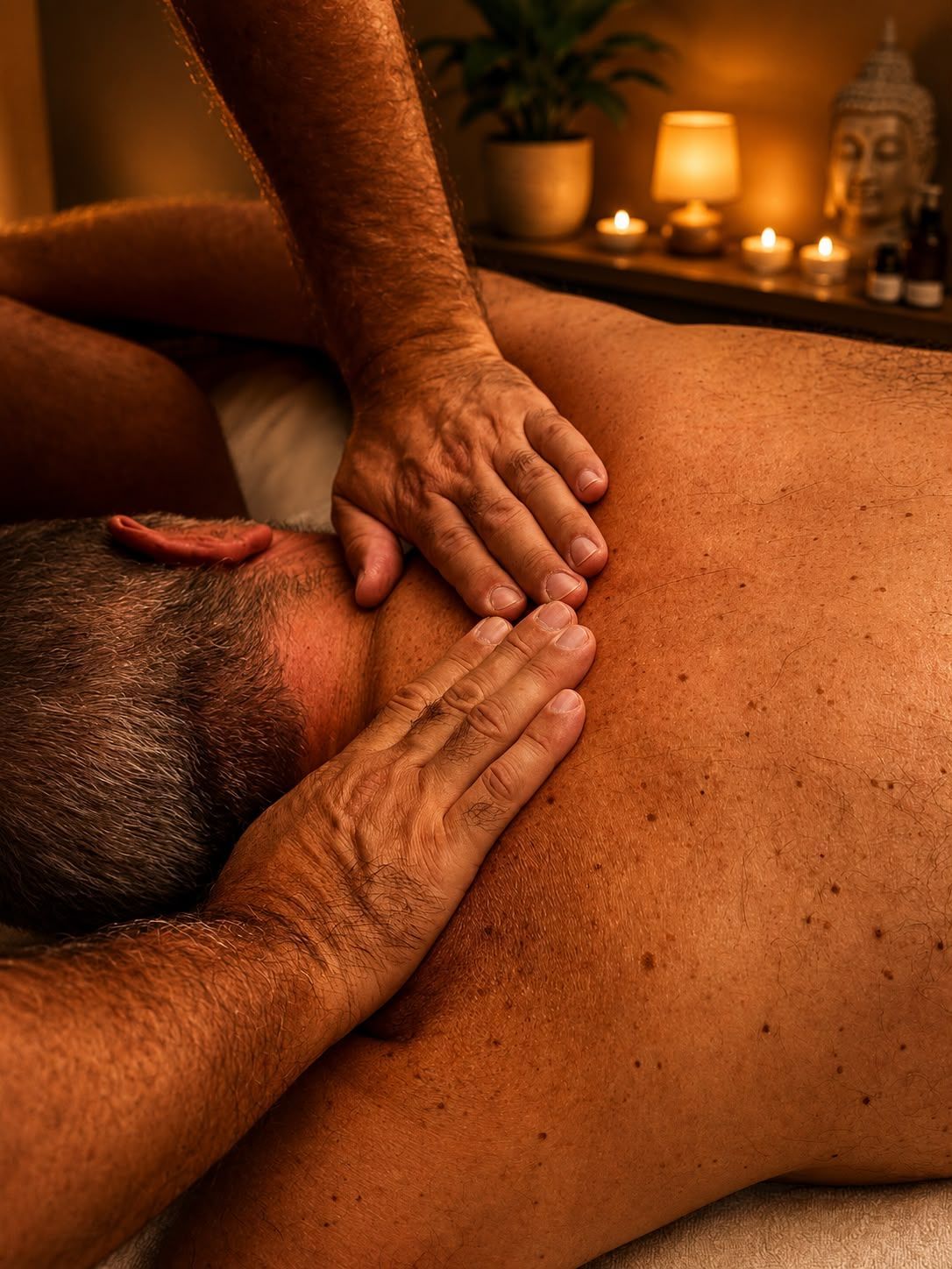Masajista dando un masaje de espalda a un cliente en una camilla en una luminosa sala de spa.