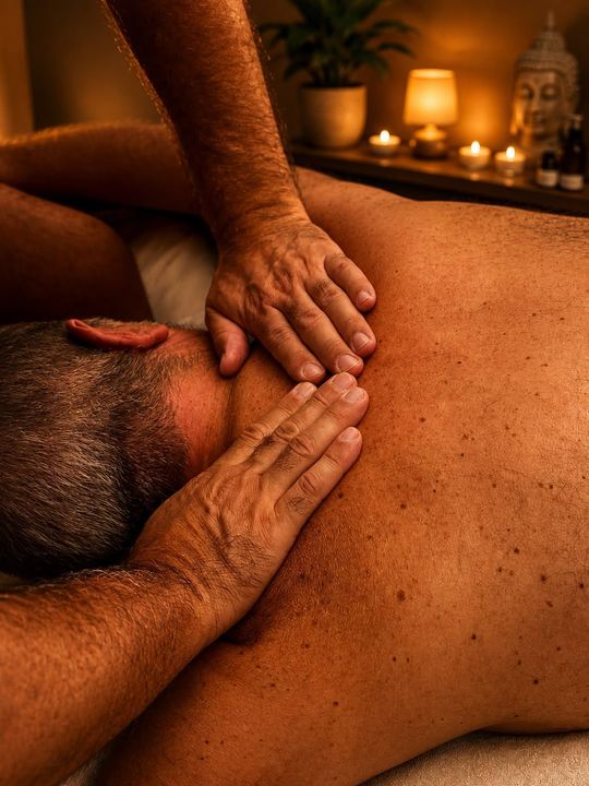 Masajista dando un masaje de espalda a un cliente en una camilla en una luminosa sala de spa.