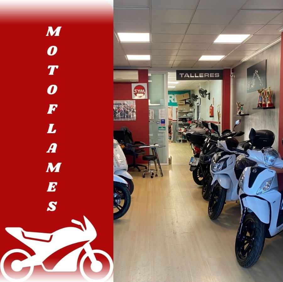 Una fila de motocicletas están estacionadas frente a un cartel que dice talleres