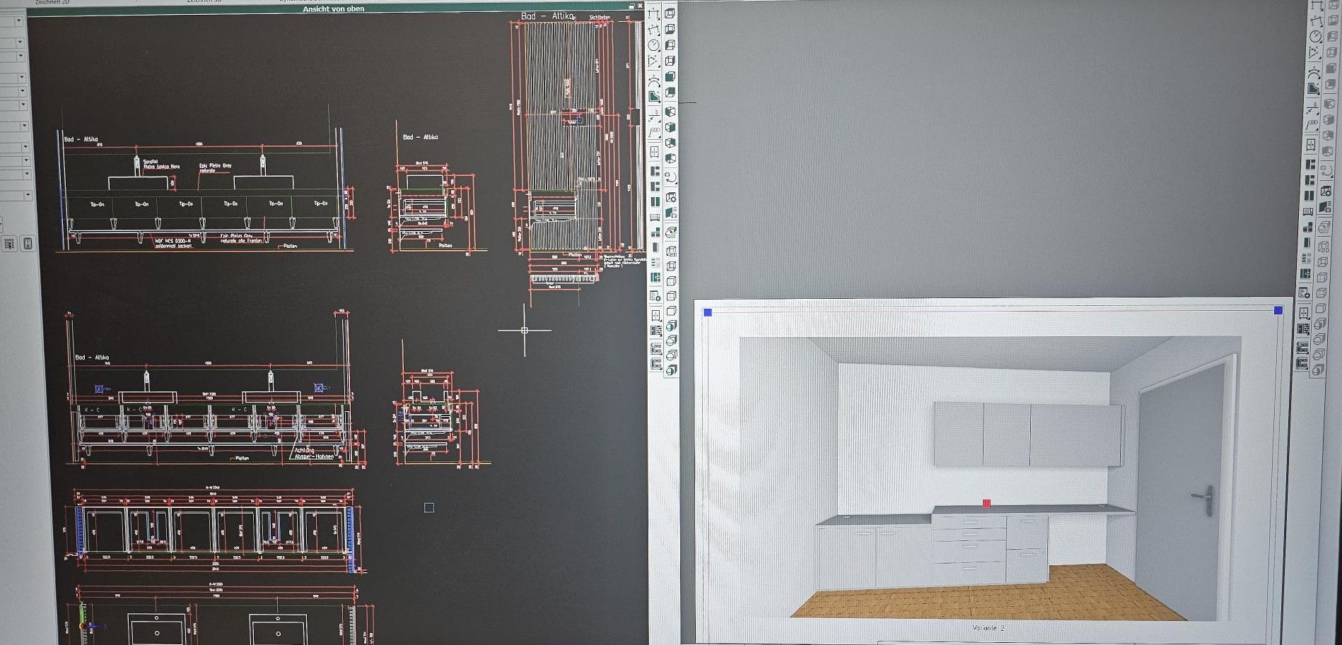 Eine Holzterrasse mit rötlich-braunen Dielen, ausgestattet mit weissen Stühlen und einem Tisch, neben einem weissen Gebäude und Felsen.