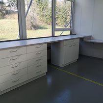 Innenaufnahme eines Zimmers mit weissen Schränken und einer langen Arbeitsplatte entlang eines grossen Fensters mit Blick auf Bäume.