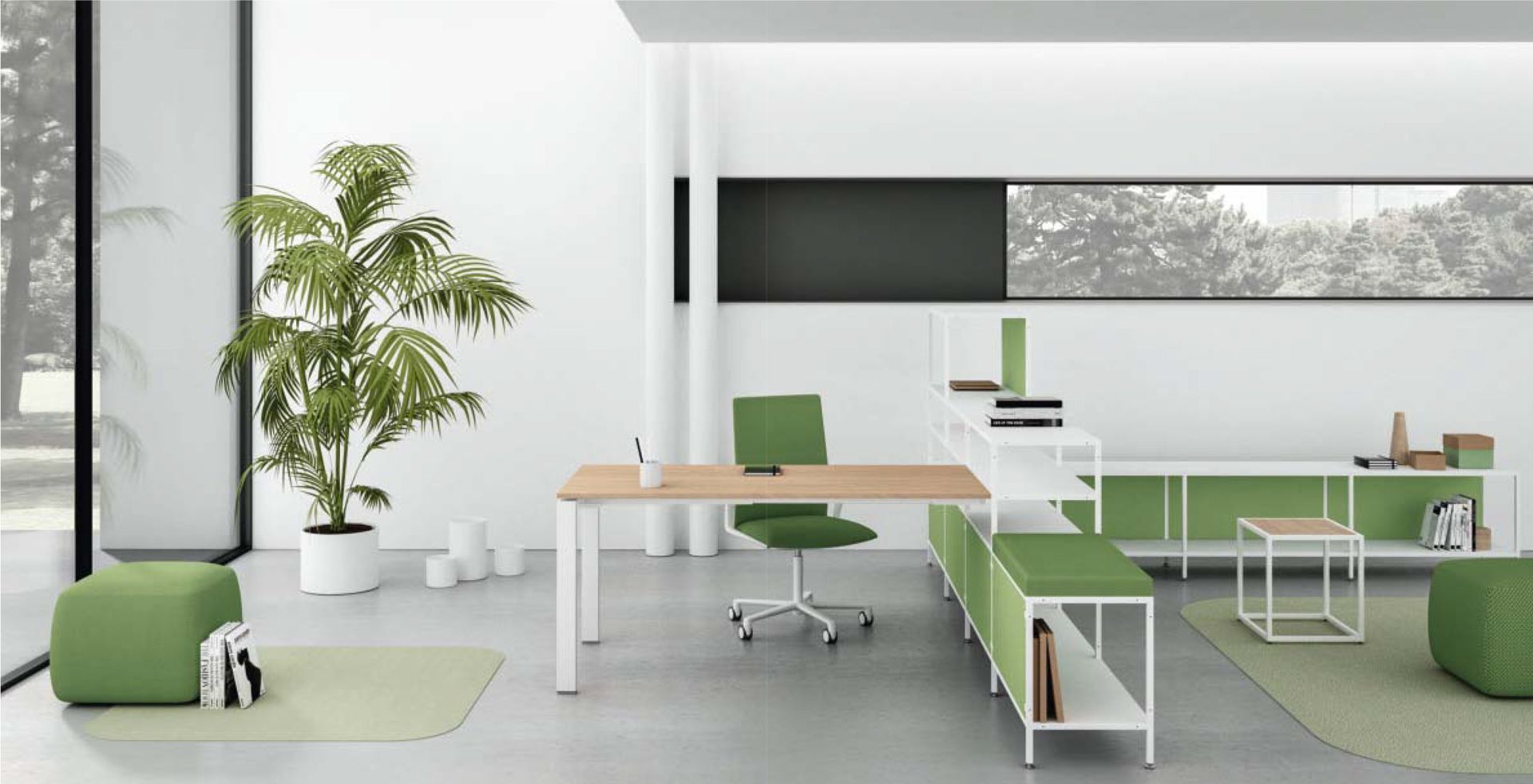 Bureau avec mobilier vert et blanc