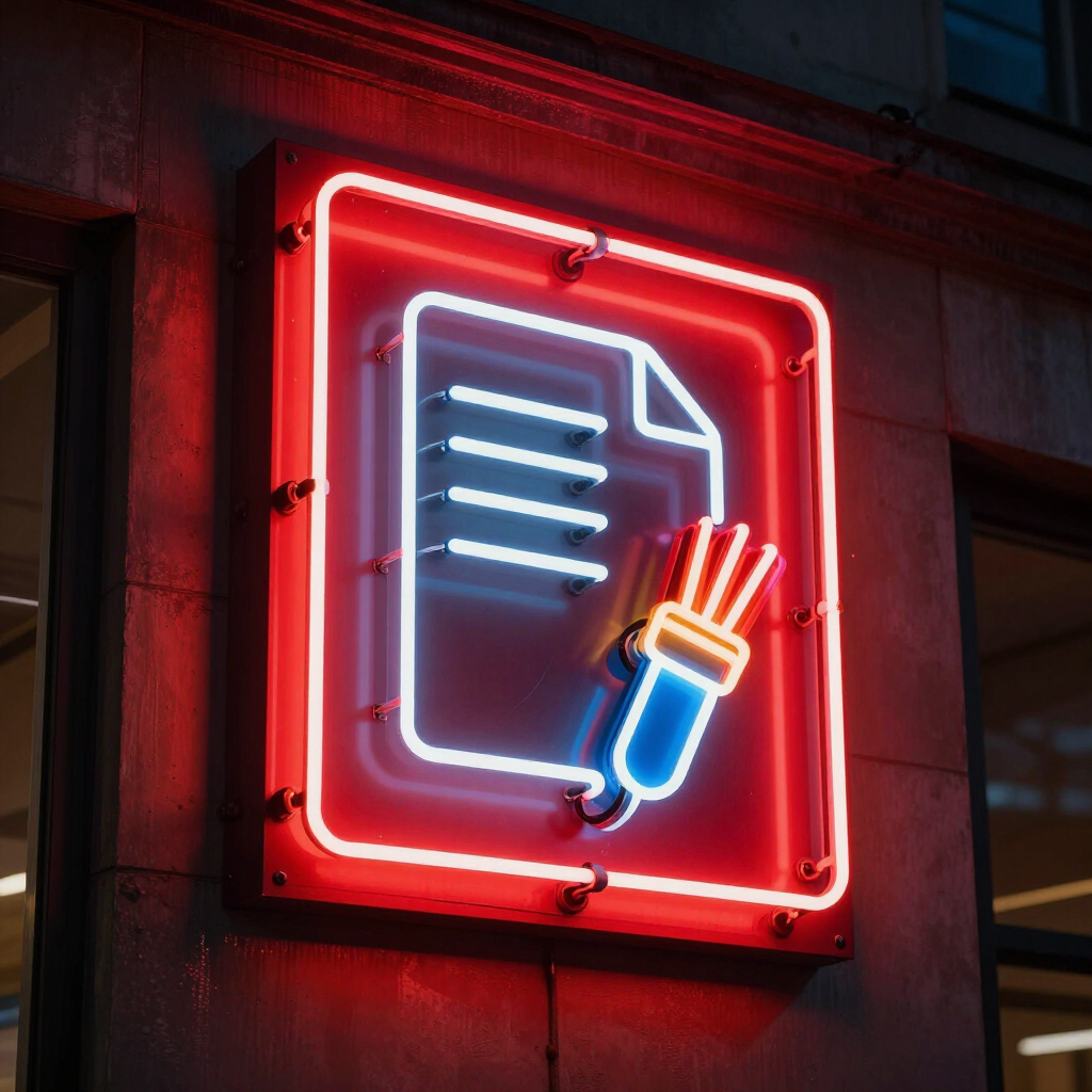 Letrero de neón rojo con un icono de documento y bolígrafo luminosos montado en una pared.