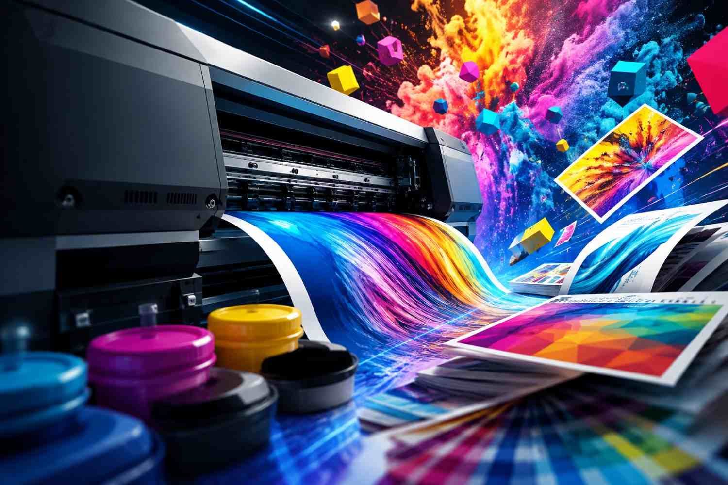 Impresora industrial que aplica tinta cian, magenta, amarilla y negra sobre papel blanco.