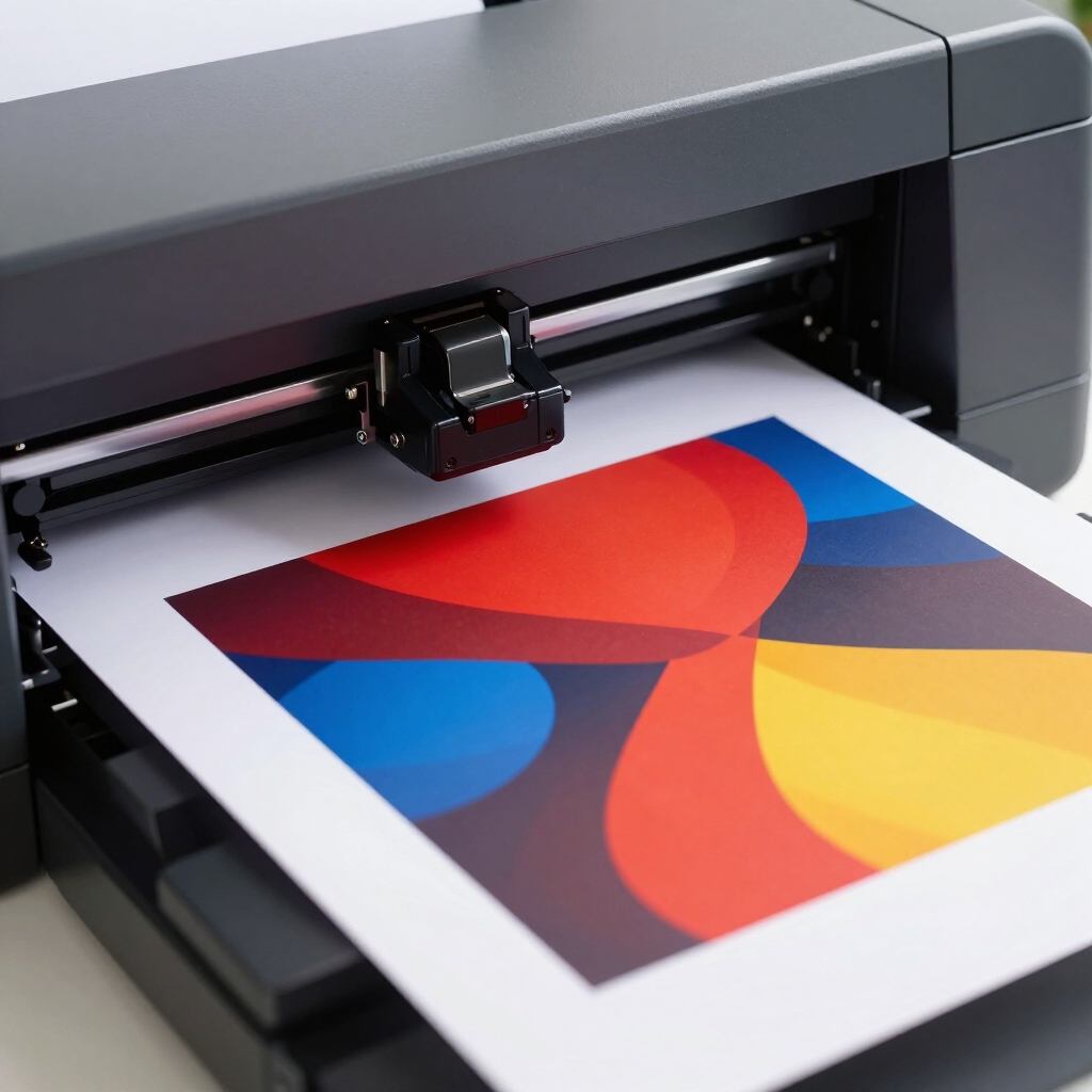 Impresora de escritorio imprimiendo una página abstracta a color