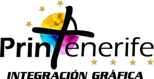 Logotipo de Printeñerife con texto estilizado en negro y magenta, estrellas amarillas y el lema “Integración Gráfica”.