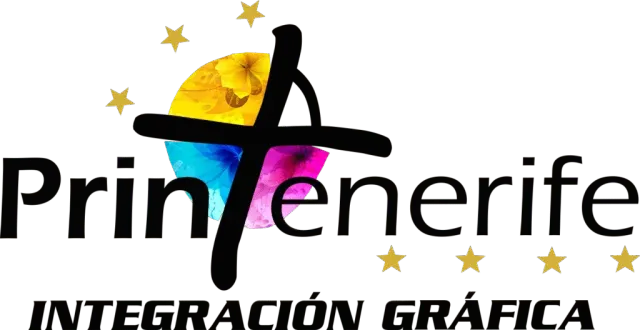 Logotipo de Printeñerife con texto estilizado en negro y magenta, estrellas amarillas y el lema “Integración Gráfica”.