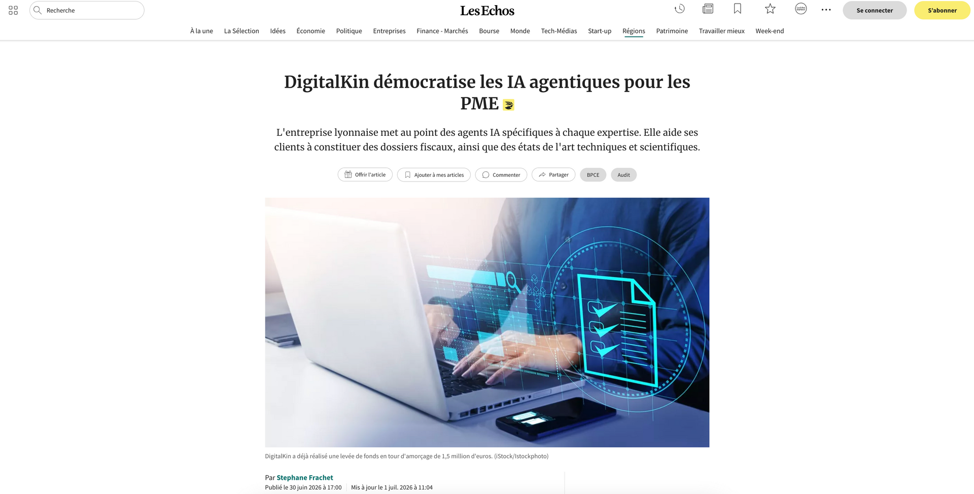 The French business daily (Les Echos) covers DigitalKin's mission to make rare, expensive expertise accessible to every company, not just large corporations.