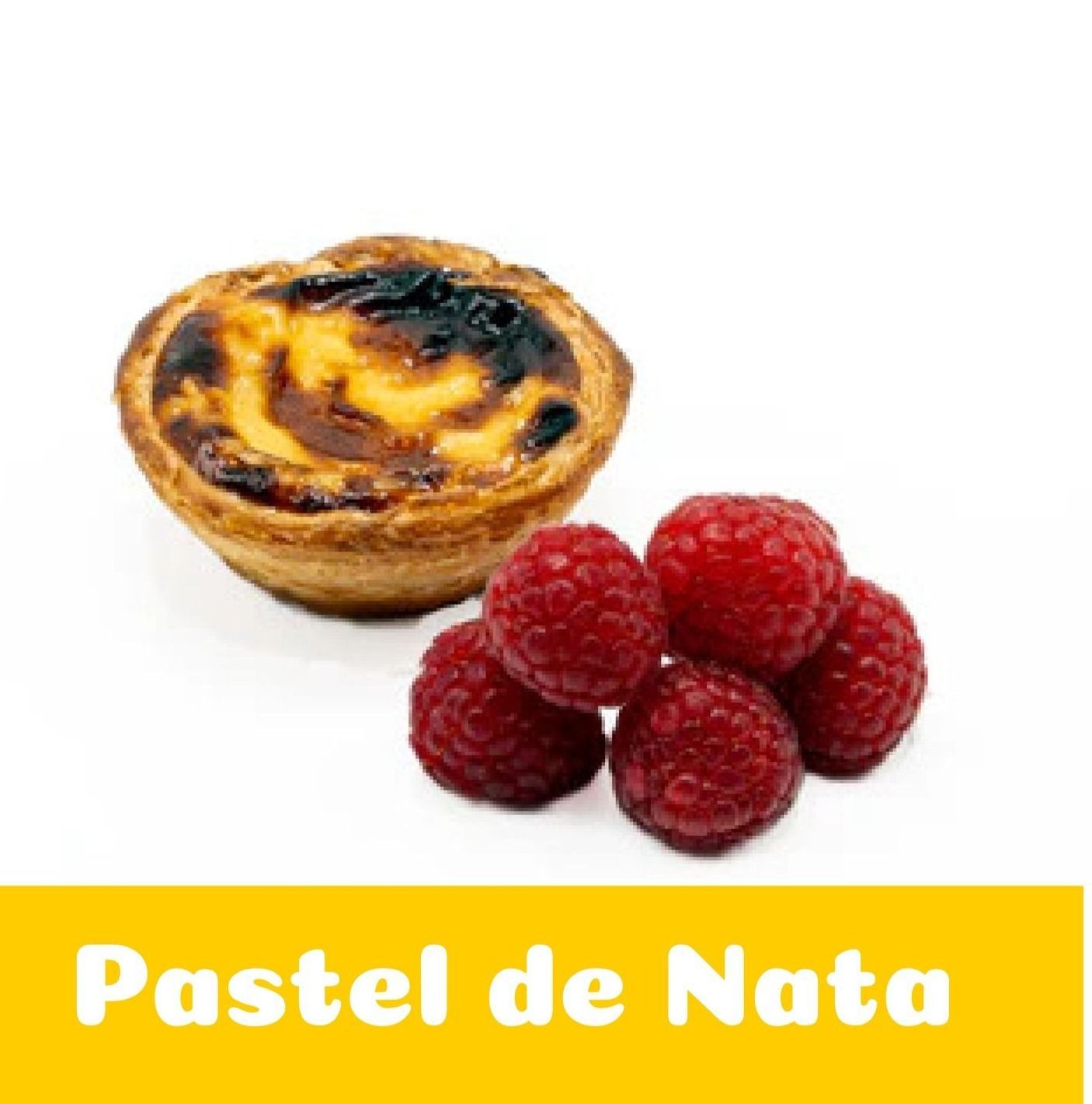 Un pastel con frambuesas al lado que dice pastel de nata