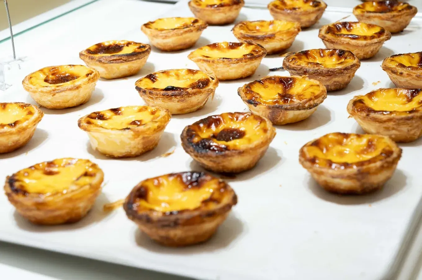 Una bandeja blanca llena de una variedad de pasteles sobre una mesa.